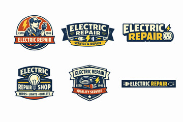 Obraz premium Vintage style collection of electric repair service and shop logos with electrician, light bulb, bolt, and outlet icons