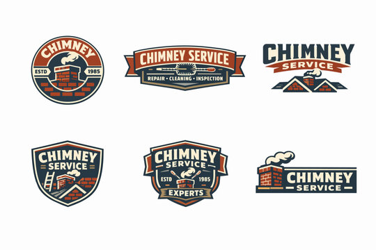 Chimney service logos collection featuring maintenance, repair, and cleaning concepts for roofing and heating businesses