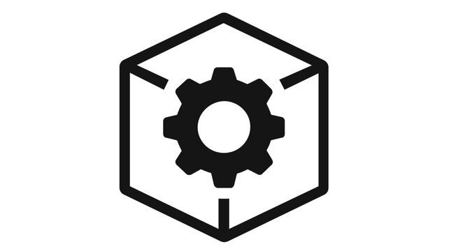 Minimalist vector icon illustration of a 3D blockchain block with a gear wheel inside, symbolizing utility tokens, data processing, smart contracts, and decentralized technology in clean line art.