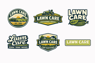 Obraz premium Lawn care business logos with green grass, sun, house, tractor, and hose expressing outdoor maintenance and gardening