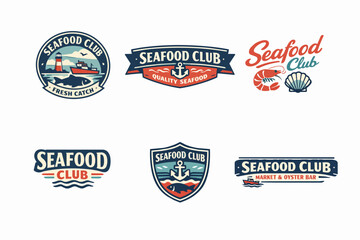 Obraz premium Six seafood club logos displaying fresh catch concepts, quality seafood themes, and market and oyster bar designs
