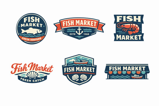 Collection of fish market seafood emblems, vintage nautical badges with fish, shrimp, and boats, fresh catch labels