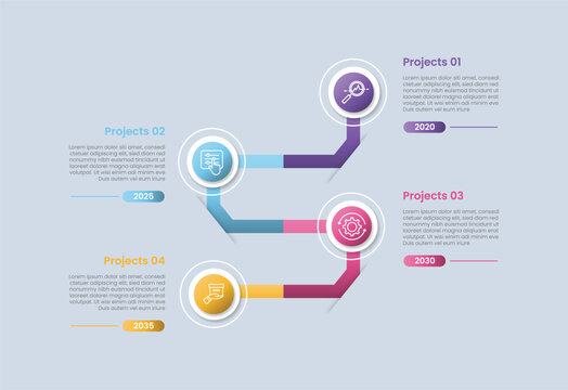 zigzag vertical timeline infographic with glossy gradient style with rigid line turn connection on circle badge with four segment information
