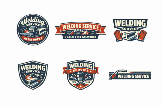 Collection of professional welding service logos featuring welding masks, torches, sparks, gloves, and metal beams for fabrication