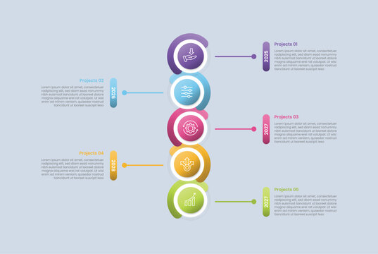 zigzag vertical timeline infographic with glossy gradient style with big circle with half outline cut on opposite direction with five segment information