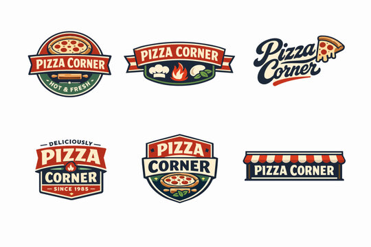 Pizza corner restaurant brand logo design set, offering pizza, food, and delivery for fast food establishments