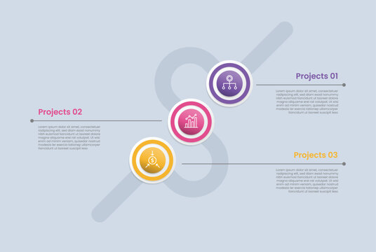 zigzag vertical timeline infographic with glossy gradient style with big circle on smooth skew tilt line with long line divider with three segment information