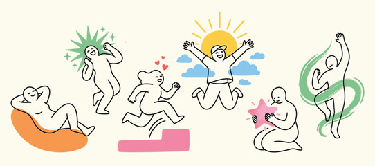 Fototapeta premium Minimalist Line Art of Happy People and Well-being Concepts