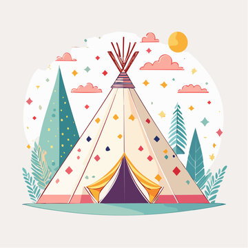 Teepee Tent in a Whimsical Landscape with Clouds and Sun