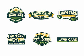 Naklejka premium Collection of lawn care logo designs representing landscaping, gardening, and property maintenance services