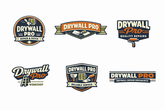 Drywall pro logos set offering plaster, repair, renovation, and handyman services with vintage professional design