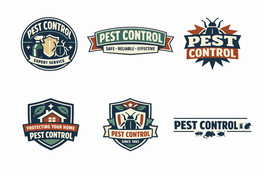 Pest control company logos set presenting various designs for insect and rodent extermination services