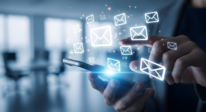 Digital email communication concept person interacting with floating email icons