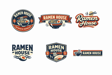 Naklejka premium Collection of ramen house brand identity badges and emblems, designing vintage style street food restaurant logo concepts