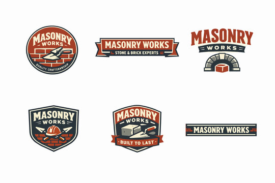 Masonry works logo set featuring brick, stone, and construction tools, illustrating quality craftsmanship and building expertise