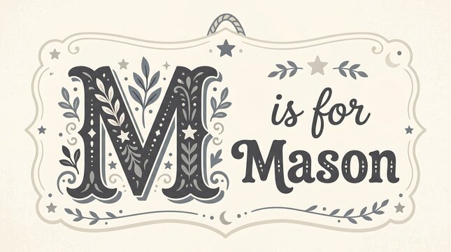 A decorative wooden baby name sign with a large letter M and the text 'is for Mason' against a cream background with floral patterns and stars