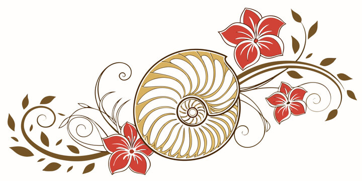Nautilus shell with red flowers and decorative vine flourishes, vector