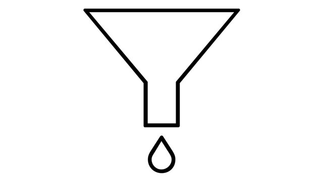 Minimalist black outline vector illustration of a classic marketing funnel with a single drop of liquid exiting the bottom, representing sales conversion, data filtering, and business process.