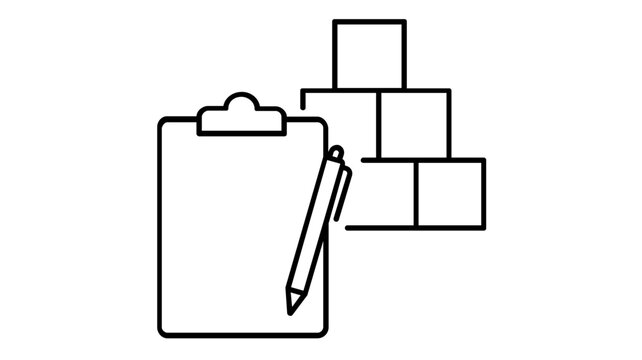 Inventory count vector icon illustration featuring a clipboard with a pen and a stack of boxes. Clean minimalist line art style for business, logistics, warehouse management, and stock control.