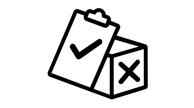 Minimalist inventory count vector icon illustration showing a clipboard with a checkmark leaning against a cardboard box with an X, perfect for logistics, stock management, and quality control.