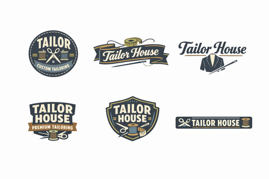 Variety of tailor house logos incorporating sewing tools, thread spools, scissors, and a suit jacket, ideal for fashion brands