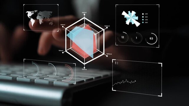 Abstract data visualization concept with hands on keyboard displaying graphs, charts, and world map indicating technology and analytics trends Gluon.