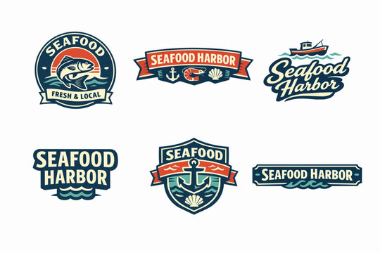 Collection of six seafood restaurant and harbor branding logos featuring fish, shrimp, anchor, shells, and fishing boat elements