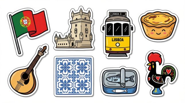 modern portugal sticker set featuring national flag landmarks traditional food and cultural icons cartoon style