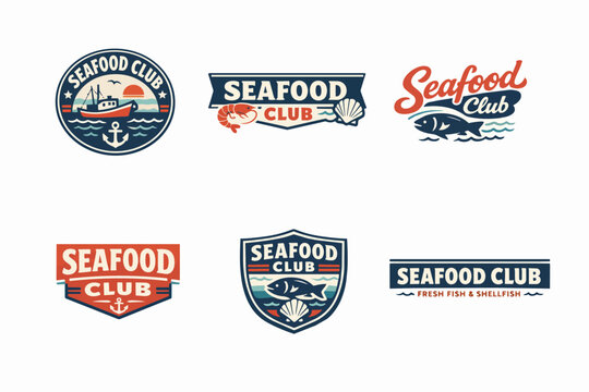 Seafood club logo collection offering various vintage emblems with fish, shrimp, boat, shell, and anchor elements