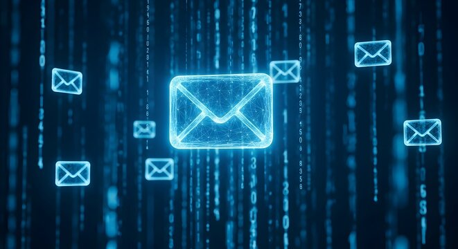Cybersecurity email concept digital envelope with binary code background