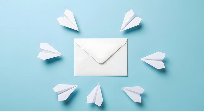 Email communication concept paper airplanes flying towards open envelope