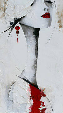 Minimalist Elegant Woman Portrait with Red Lips Abstract Textured Painting