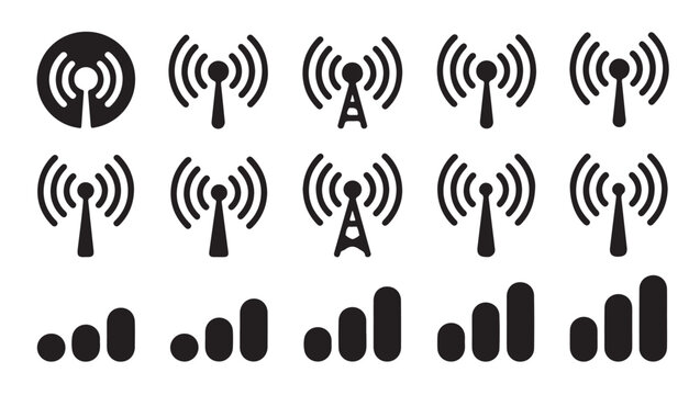 Comprehensive icon pack of wireless connection signals towers and networking hardware.