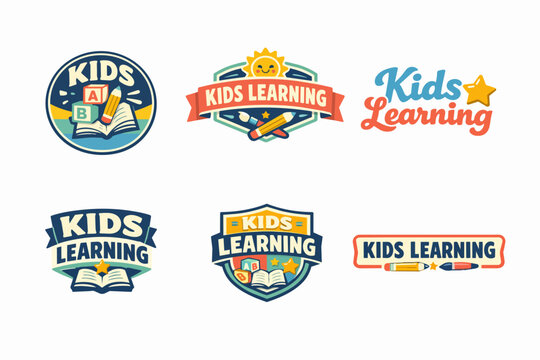 Collection of kids learning logo designs featuring school elements for childhood education and preschool programs