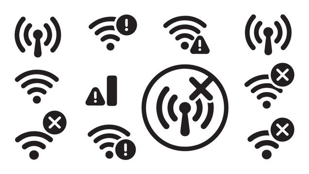 Communication signal error and notification icons set for web interface and mobile app design.
