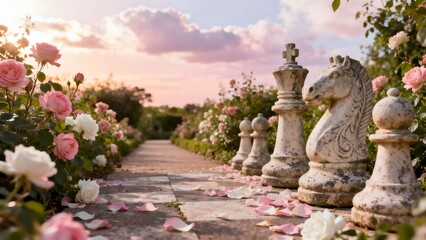 Fototapeta premium Garden path with chess statues and flowers