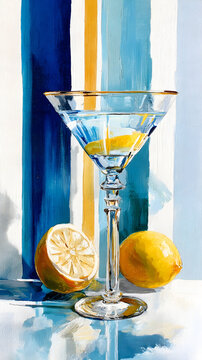 Elegant Lemon Martini Cocktail Still Life with Blue Striped Background Paintingg