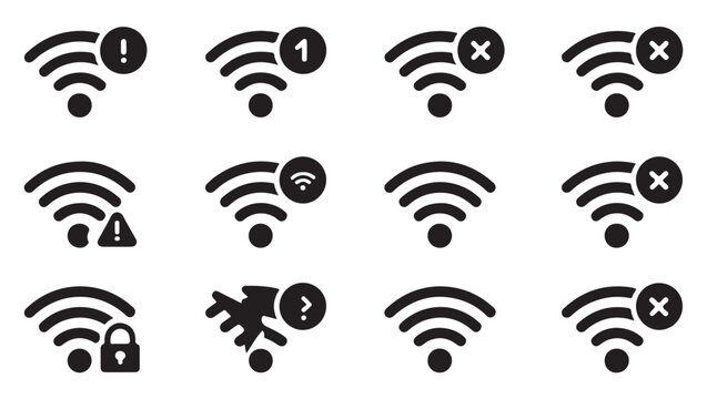 Set of wifi signal status icons, wireless network connection with warning and error symbols.