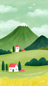 Cute Whimsical Countryside Landscape with Green Mountains and Tiny Houses