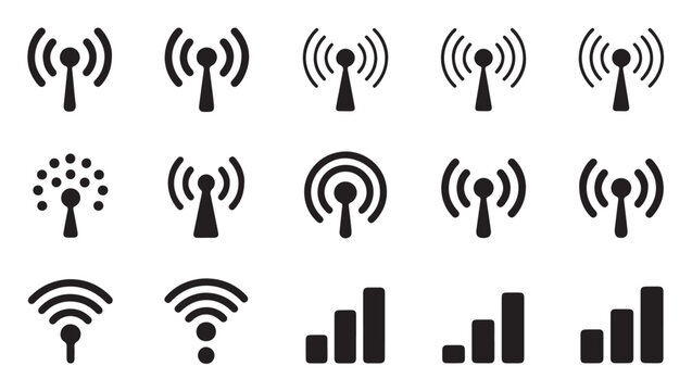 Set of wireless antenna icons, radio wave signals and network communication symbols.