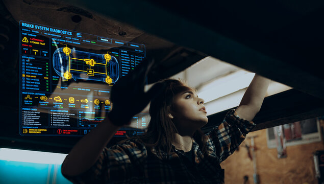 Mechanic checking brake system under lifted car with diagnostics display. Concept of brake inspection, vehicle safety, ABS testing, undercarriage repair and AR workshop support.