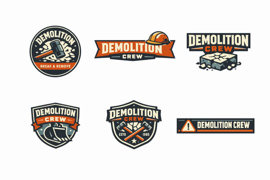 Demolition crew concept with various service logos and emblems showing sledgehammer, excavator, and warning sign