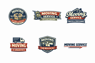 Fototapeta premium Moving service company logos featuring trucks, boxes, and hand trucks, ideal for branding and advertising