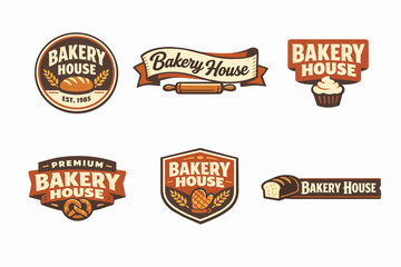 Obraz premium Bakery house vintage emblem set with bread, cupcake, pretzel, rolling pin, oven mitt for concept branding