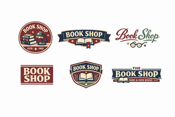 Obraz premium Bookshop and bookstore logo collection with vintage and retro badges for reading and literature concepts