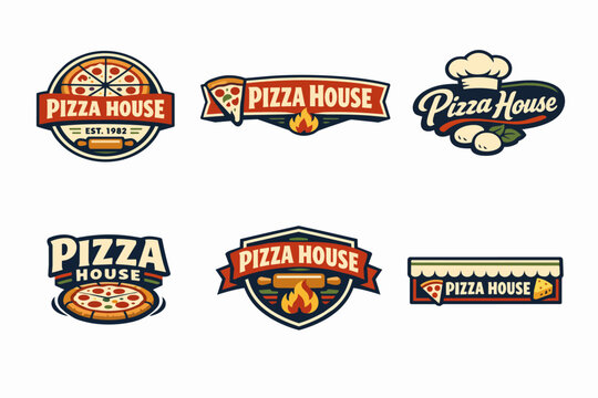 Pizza house logo set presenting restaurant branding for fast food, delivery, pizzerias, and culinary businesses