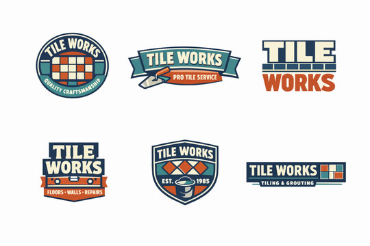 Collection of tile works service badges and emblem designs with various tiling tools and patterns
