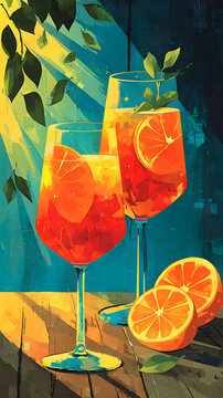 Vibrant Orange Spritz Cocktails with Citrus Slices in Modern Painterly Style