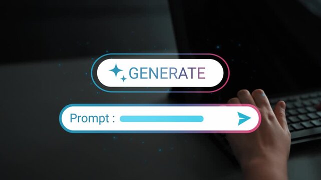Creative workspace featuring hands typing on a modern keyboard with a digital prompt bar and generate text button glowing softly against a dark background. Gluon.