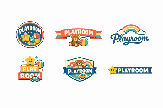 Playroom logos with stars, teddy bears, toys, and rainbows for kids' nurseries and educational badges